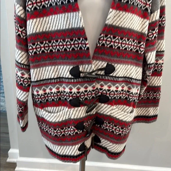 Cappagallo Medium Wool Blend Grey Red Cardigan Toggle Sweater Fair Isle Pattern - Picture 3 of 10